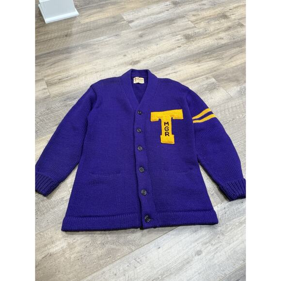 VTG 50s STADIUM SHAKER SWEATER Purple Wool Varsity Cardigan Sweater Men’s L - Picture 1 of 9